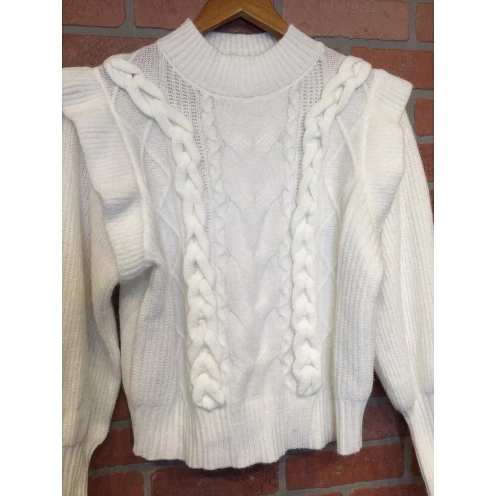 Line & Dot Womens White Cable Knit Sweater With Ruffles Soft Girl Coquette